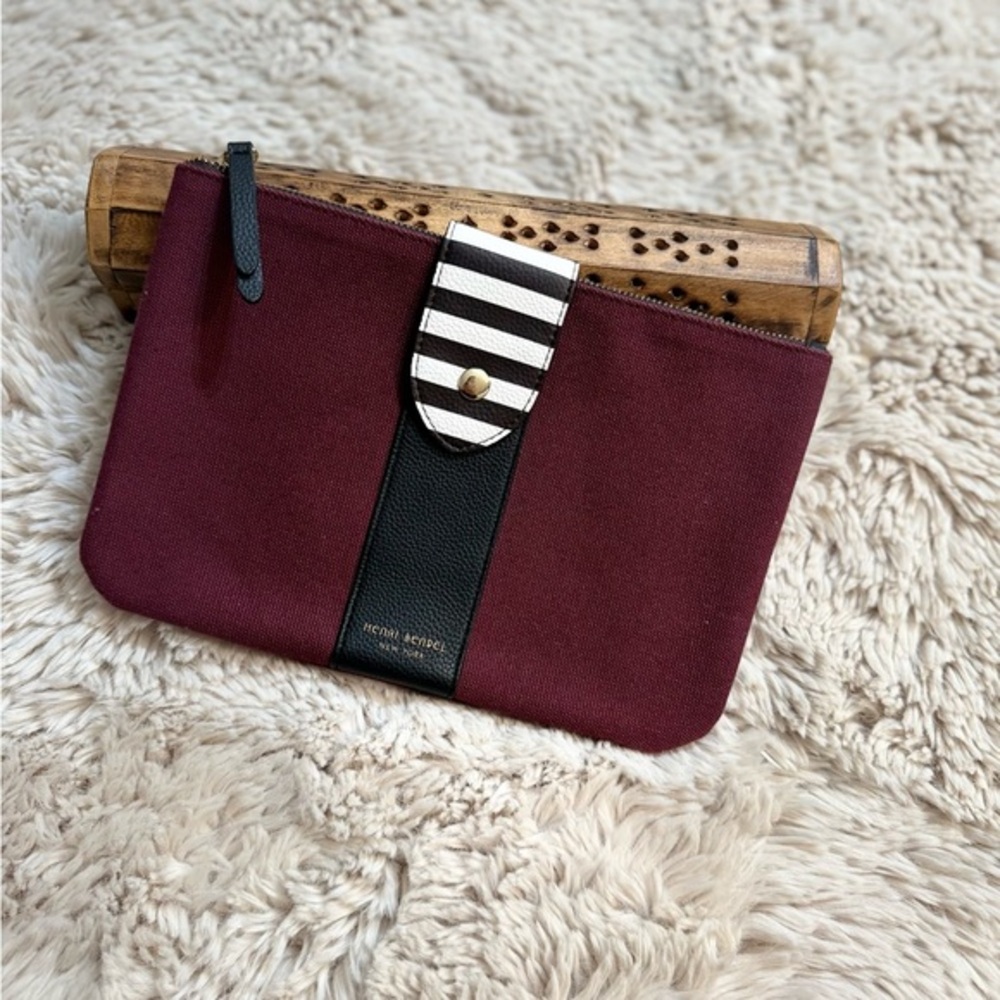 Henri Bendel Iconic Maroon Black White Zip Closure Cosmetic Bag or Small Clutch